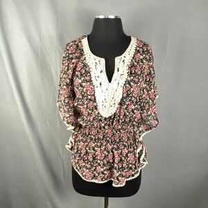 Excuse Me Miss Batwing Blouse Womens Small Multi Floral Crochet Lace Split Neck